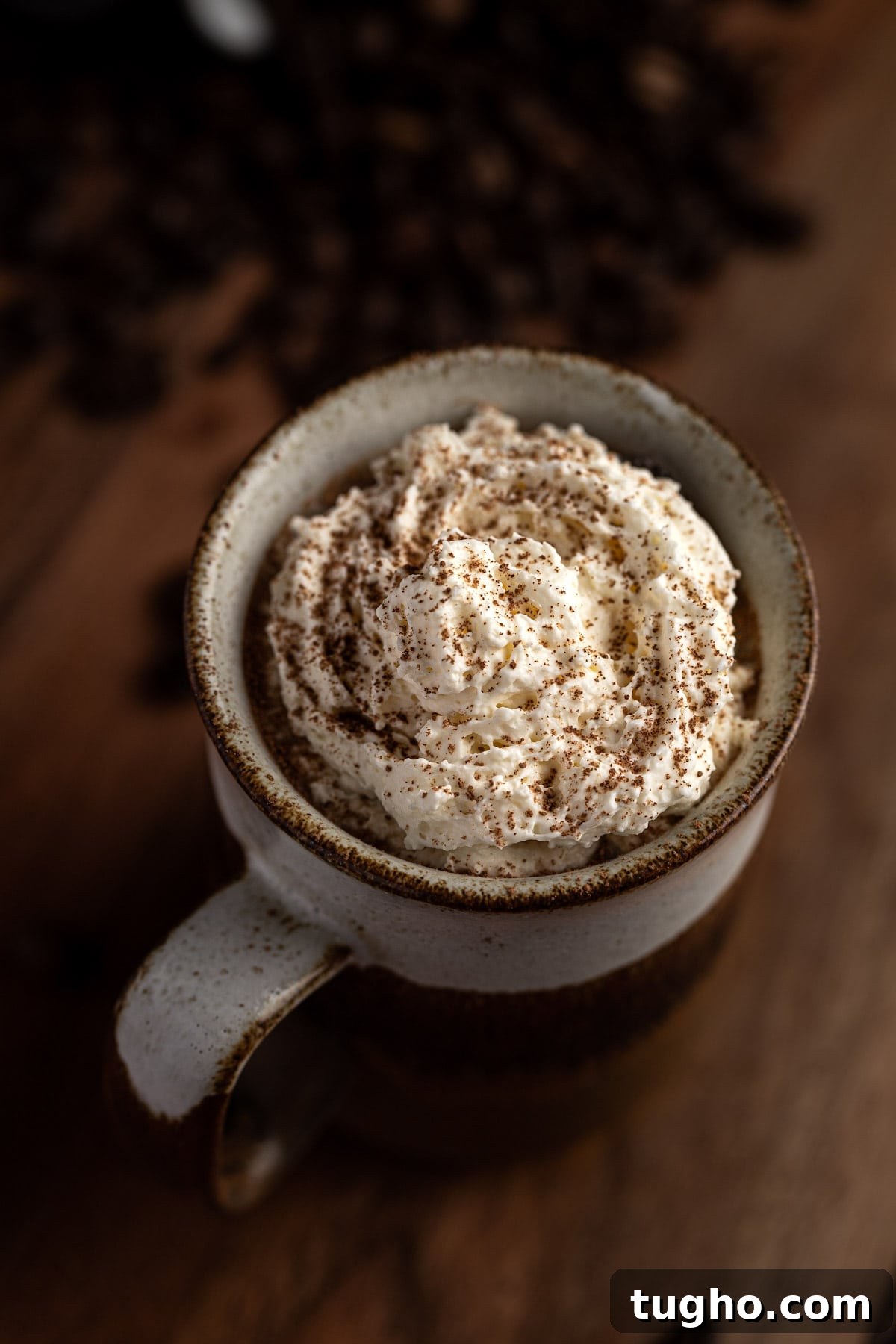 Baileys Iced Coffee Recipe 2 Overhead view of Baileys iced coffee topped with whipped cream and a sprinkle of cocoa powder.