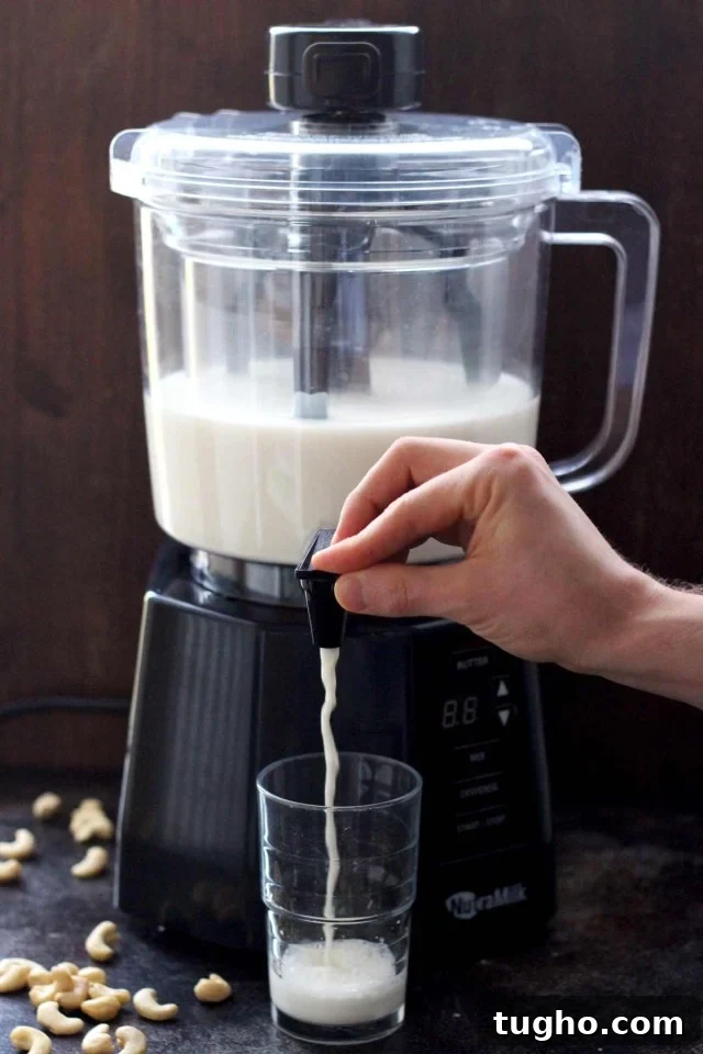 Creamy Vegan Pumpkin Spice Latte Recipe 3 Healthy Vegan Pumpkin Spice Latte - the NutraMilk Dispensing Nut Milk in a Glass with Cashews Lying Around