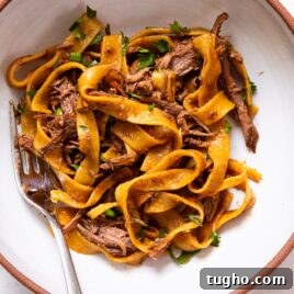 White bowl filled with beef and noodles with sprinkling of chopped parsley over the top with fork sitting in bowl as well.