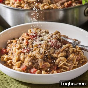 Parmesan cheese being sprinkled over the top of a serving of beef ragu pasta.