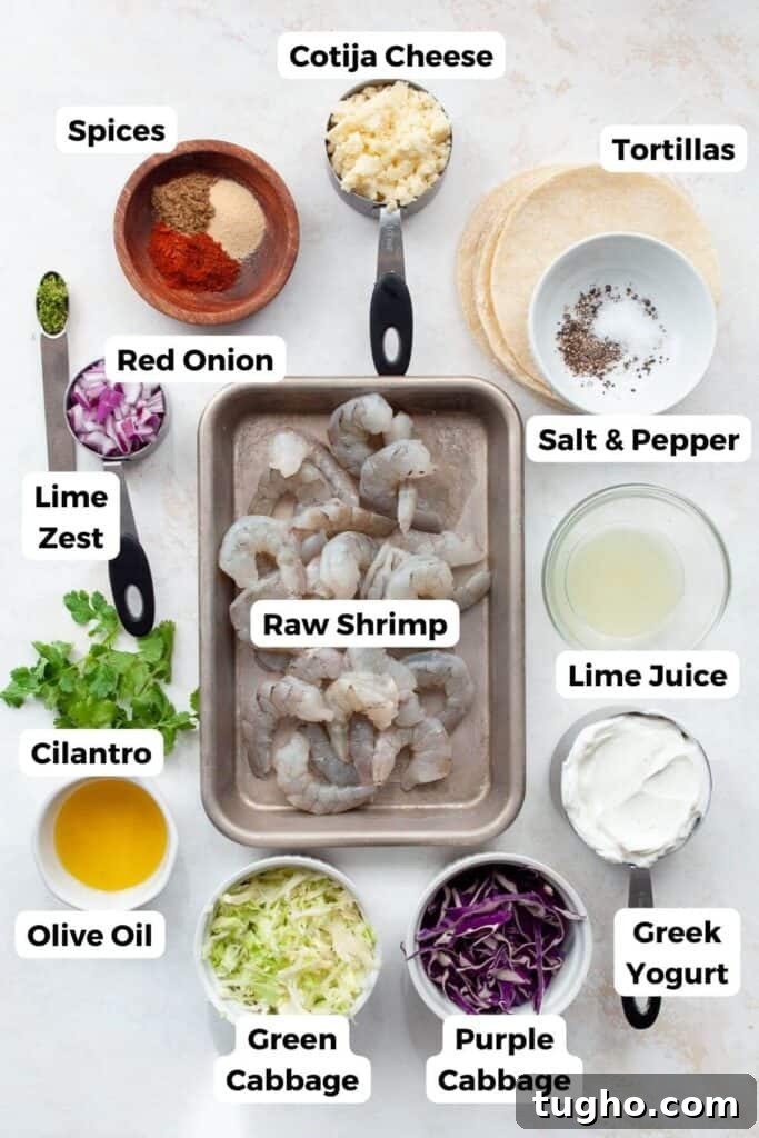 Crispy Baja-Style Shrimp Tacos with Lime Slaw 3 all ingredients in baja shrimp tacos in bowls including shrimp, greek yogurt, cilantro, cabbage, lime, spices, salt, pepper, tortillas, and red onion