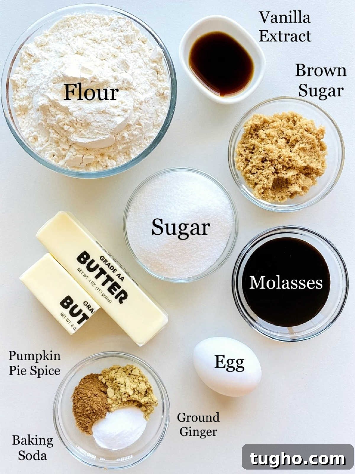 labeled photo of individual ingredients to make soft gingerbread cookies