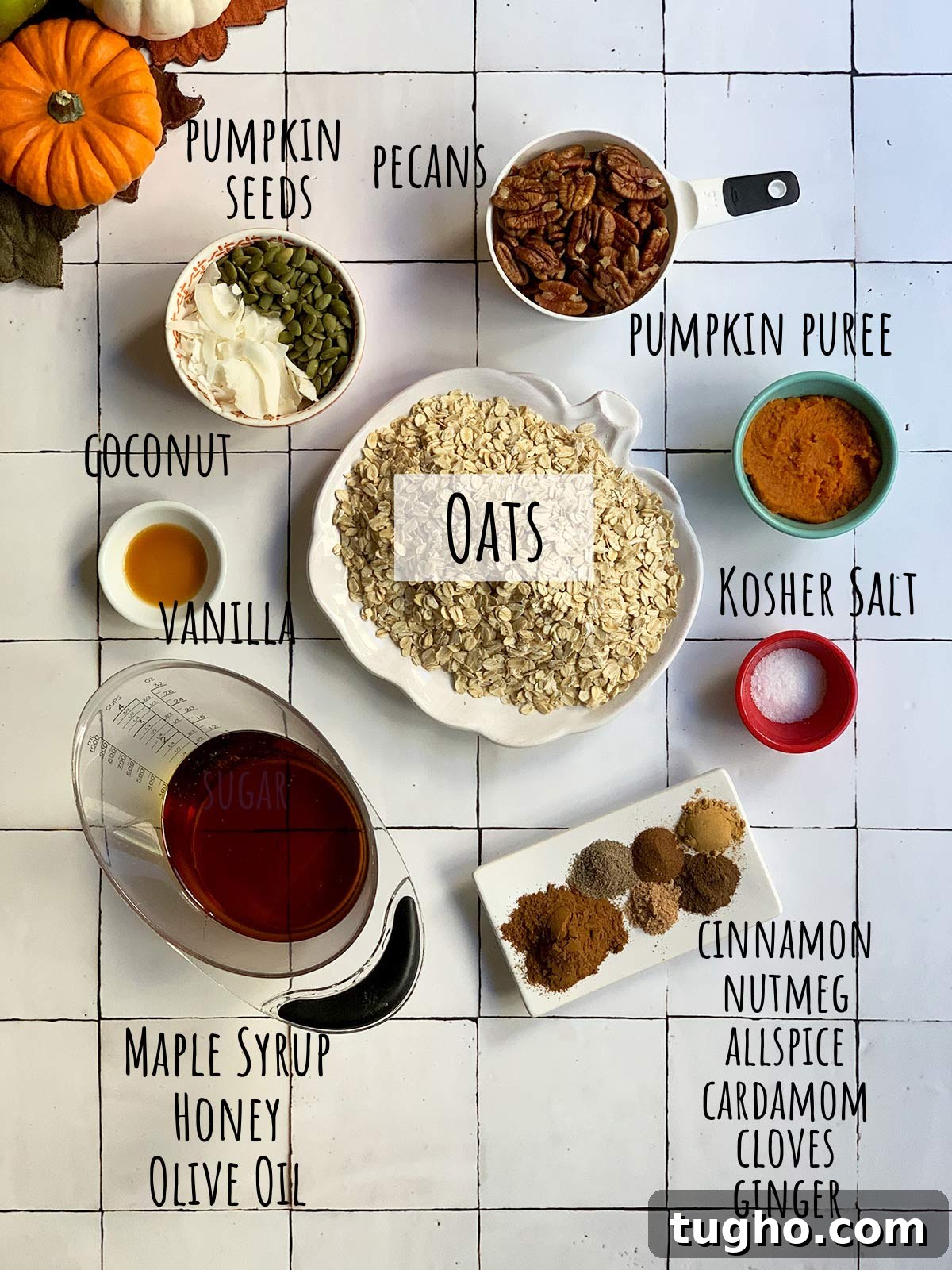 Pumpkin Granola Recipe with Maple or Date Syrup 3 Collage of all ingredients for pumpkin pie granola on tile background.