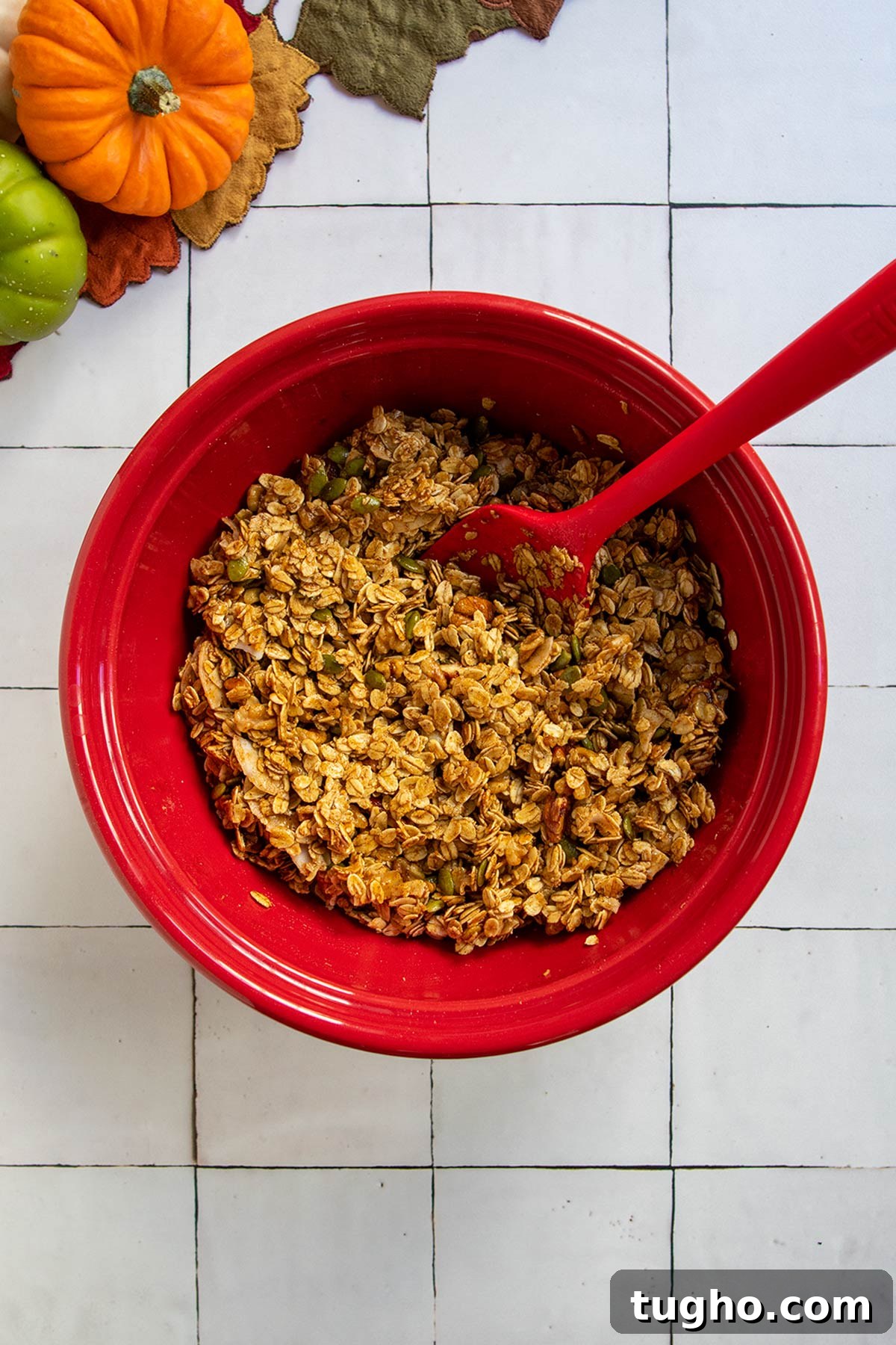 Pumpkin Granola Recipe with Maple or Date Syrup 6 Wet and dry ingredients mixed together.