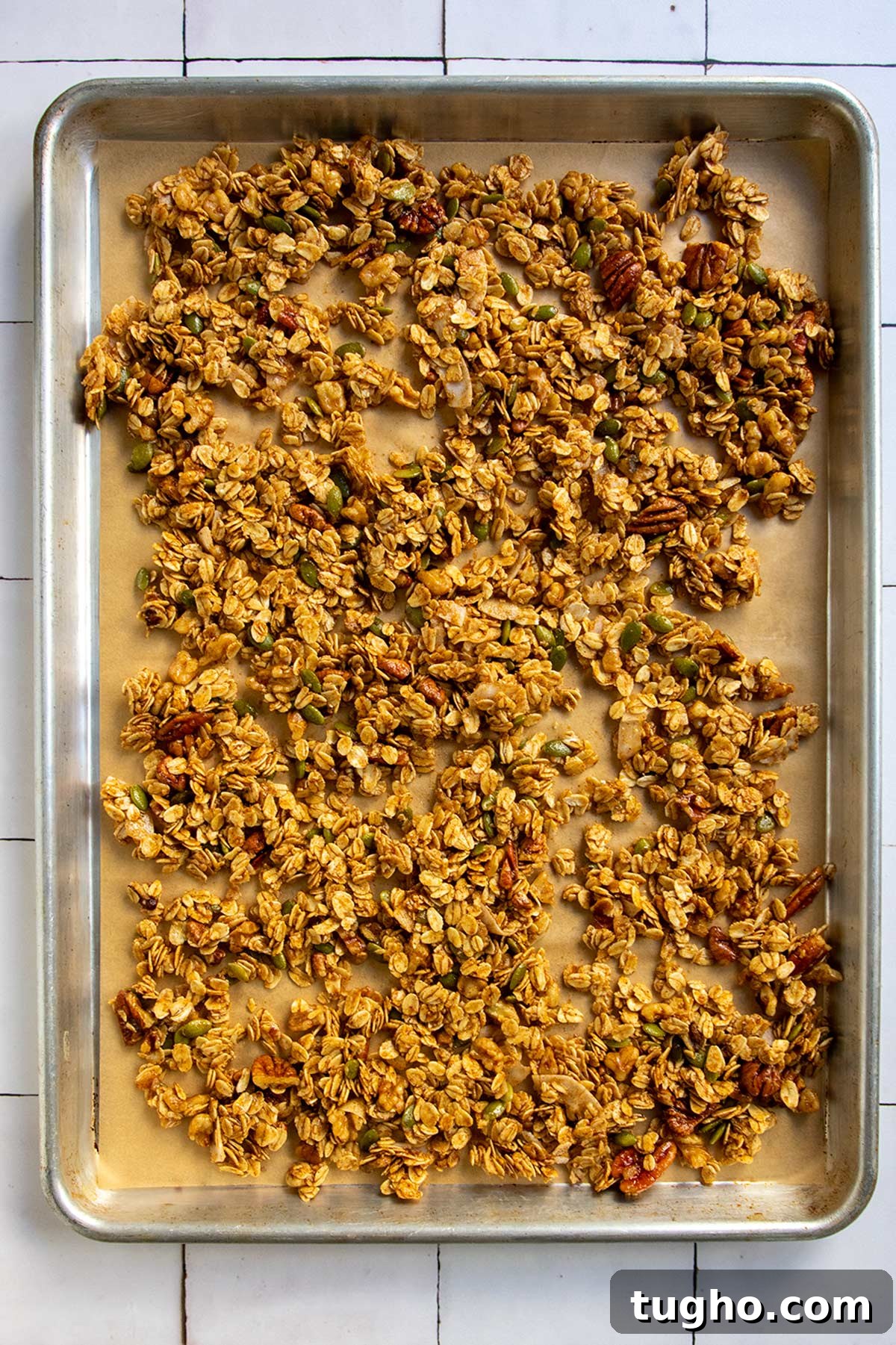 Pumpkin Granola Recipe with Maple or Date Syrup 7 Unbaked granola on tray ready for the oven.