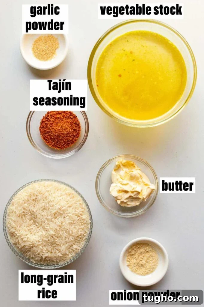 Tajín Rice Recipe with Lime and Cilantro 3 Labelled ingredients for the recipe including garlic powder, onion powder, vegetable stock, Tajín seasoning, butter, and long-grain rice.