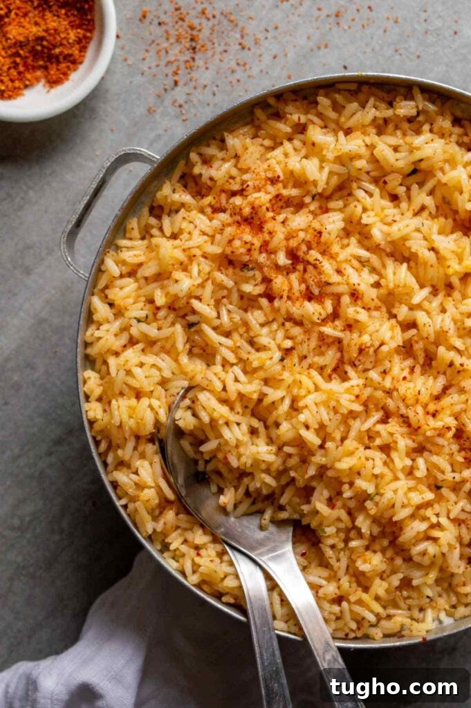 Tajín Rice Recipe with Lime and Cilantro 4 Top-down view of a metal pot with rice with red Tajín seasoning sprinkled over.
