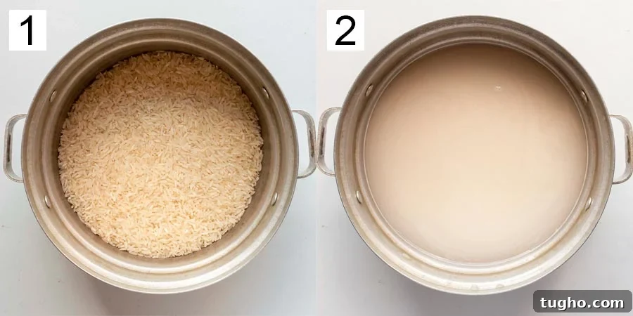 Tajín Rice Recipe with Lime and Cilantro 5 Split image of a pot with water and rice on the left labelled number one, and the same with cloudy water on the right labelled two.