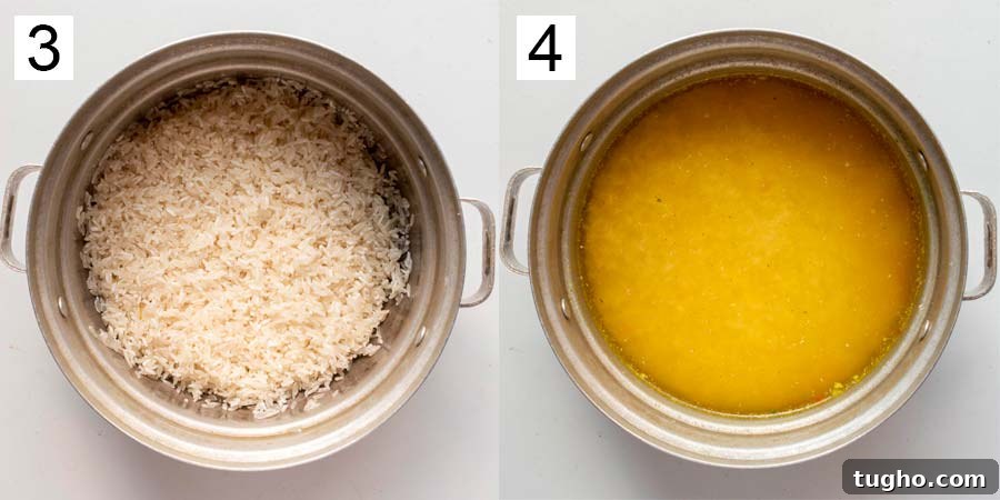 Tajín Rice Recipe with Lime and Cilantro 6 split shot with a pot with uncooked rice on the left labelled three and a pot with vegetable stock and rice on the right labelled four.