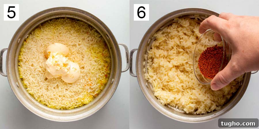 Tajín Rice Recipe with Lime and Cilantro 7 Split image with a pot of rice with butter on top on the left labelled five and the same with red seasoning being added on the right labelled six.