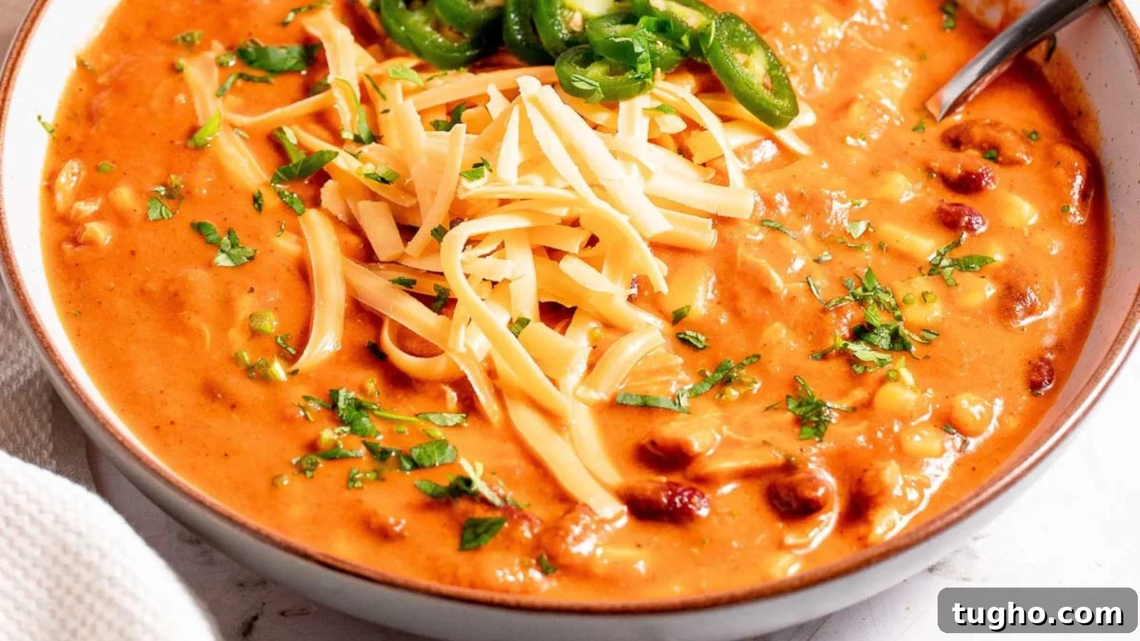 Chicken enchilada soup with shredded chicken and tortilla strips in creamy broth.