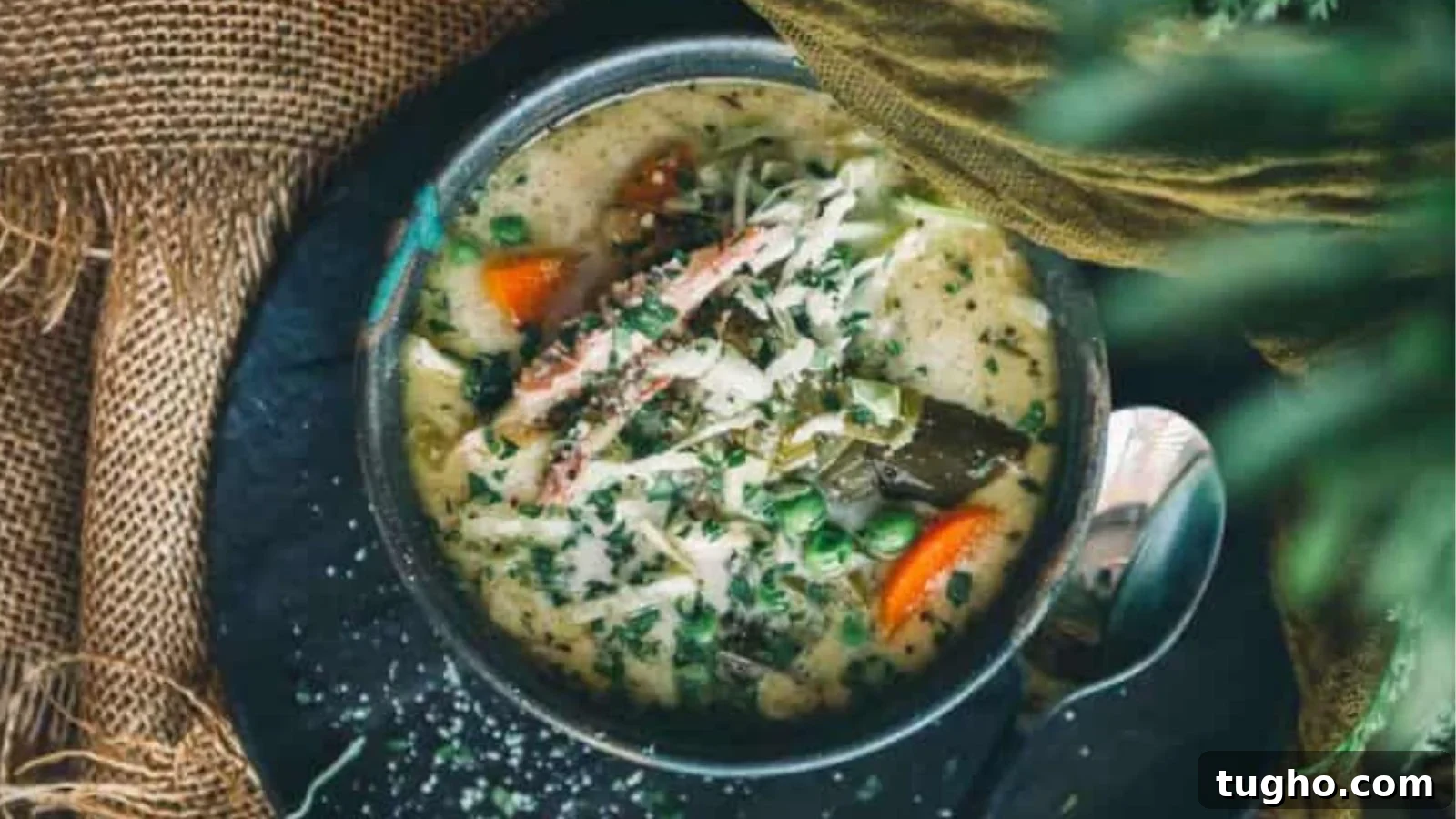 Turkey carcass soup simmering with vegetables and shredded turkey pieces in broth.