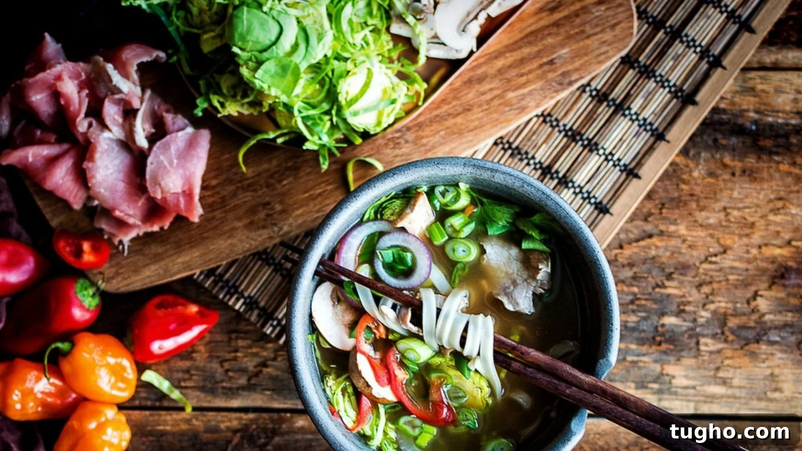 Beef pho simmered with bone broth, herbs, and thinly sliced meat.