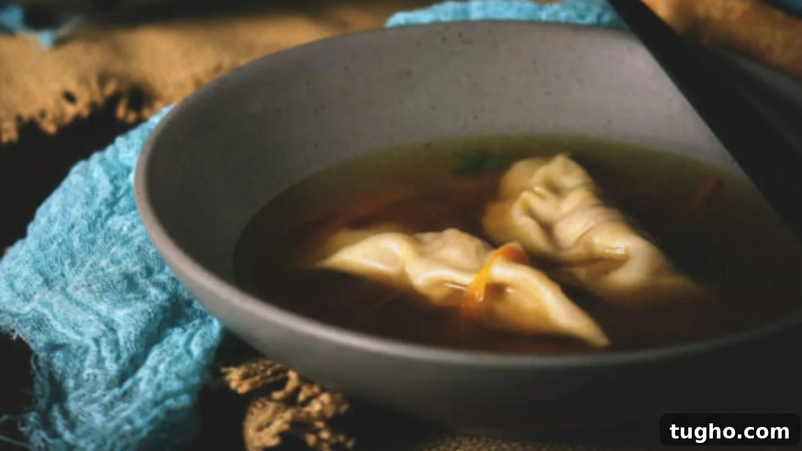 Dumpling soup with homemade dumplings floating in seasoned broth.