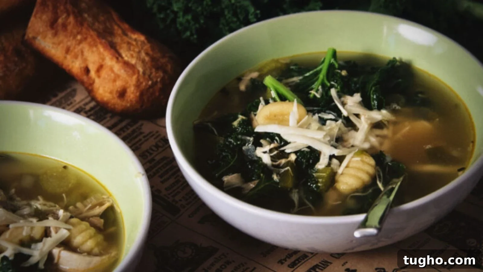 Soup with chicken, gnocchi, and kale in creamy broth.
