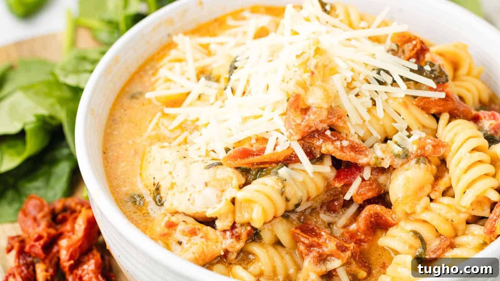 A bowl of creamy pasta with chicken, sun-dried tomatoes, spinach, and shredded cheese on top.