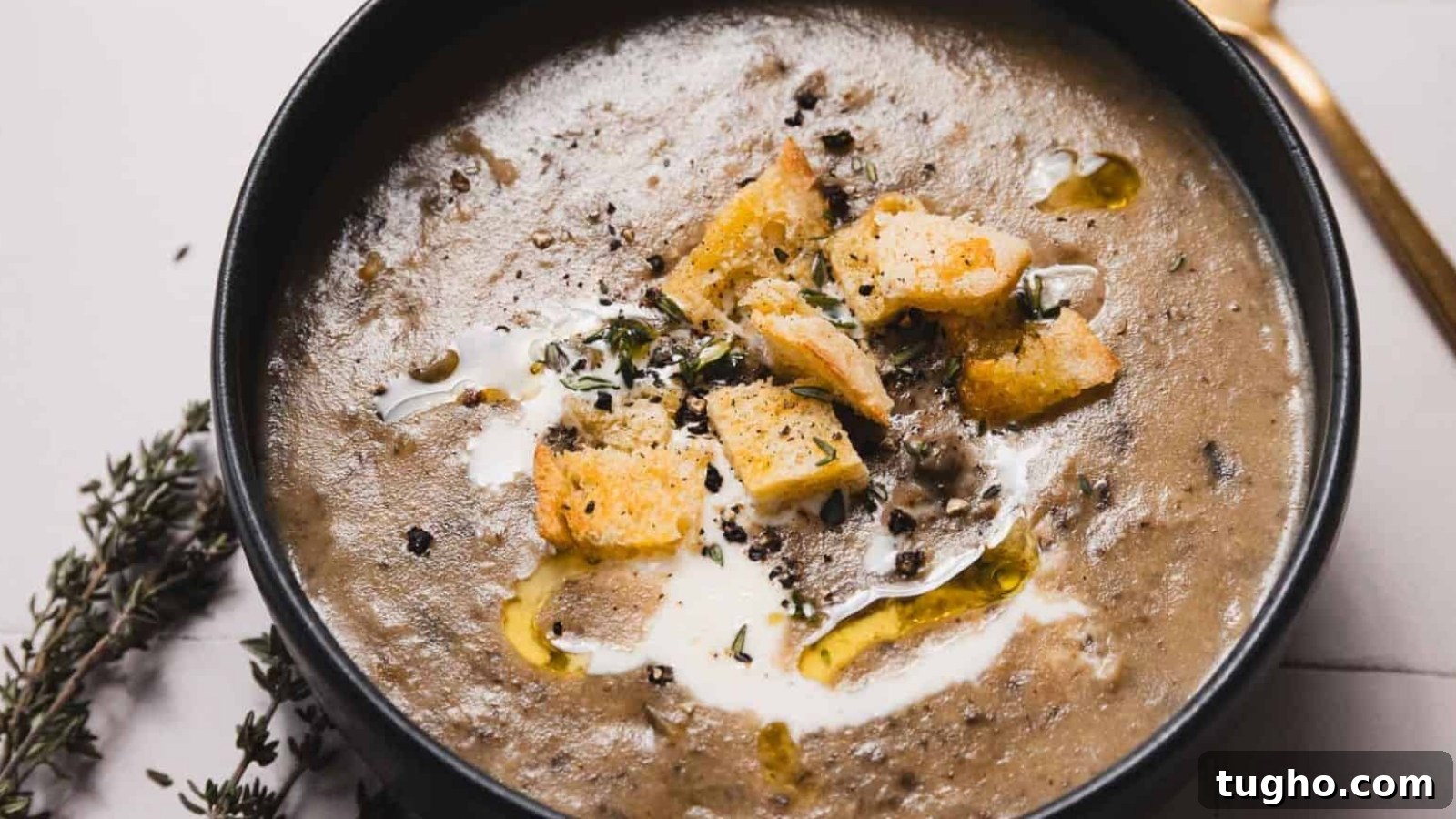 A bowl of creamy mushroom soup garnished with croutons, a drizzle of olive oil, and fresh herbs. A golden spoon lies nearby, and sprigs of thyme are placed on the table beside the bowl.
