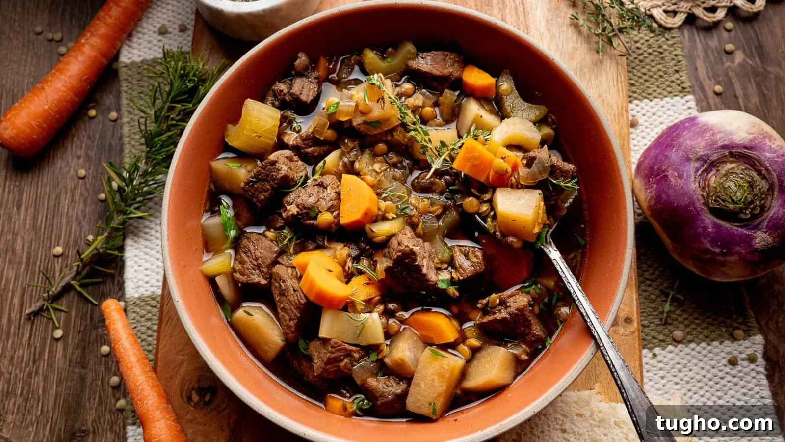 Beef stew with lentils, turnips, and carrots slow-cooked to tenderness in a rustic bowl.