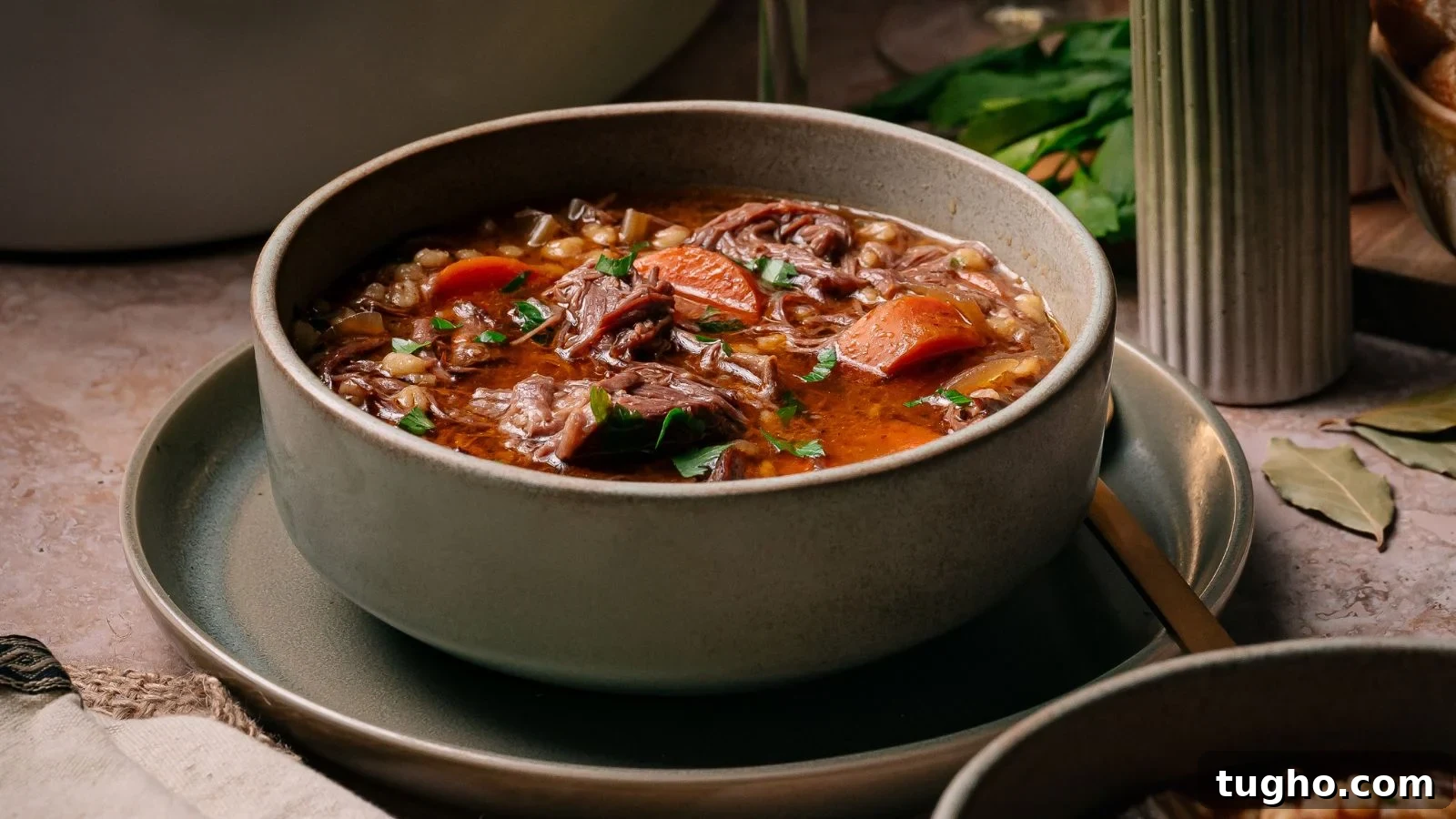 Hearty slow-cooked beef and barley soup filled with tender short rib pieces in a deep bowl.