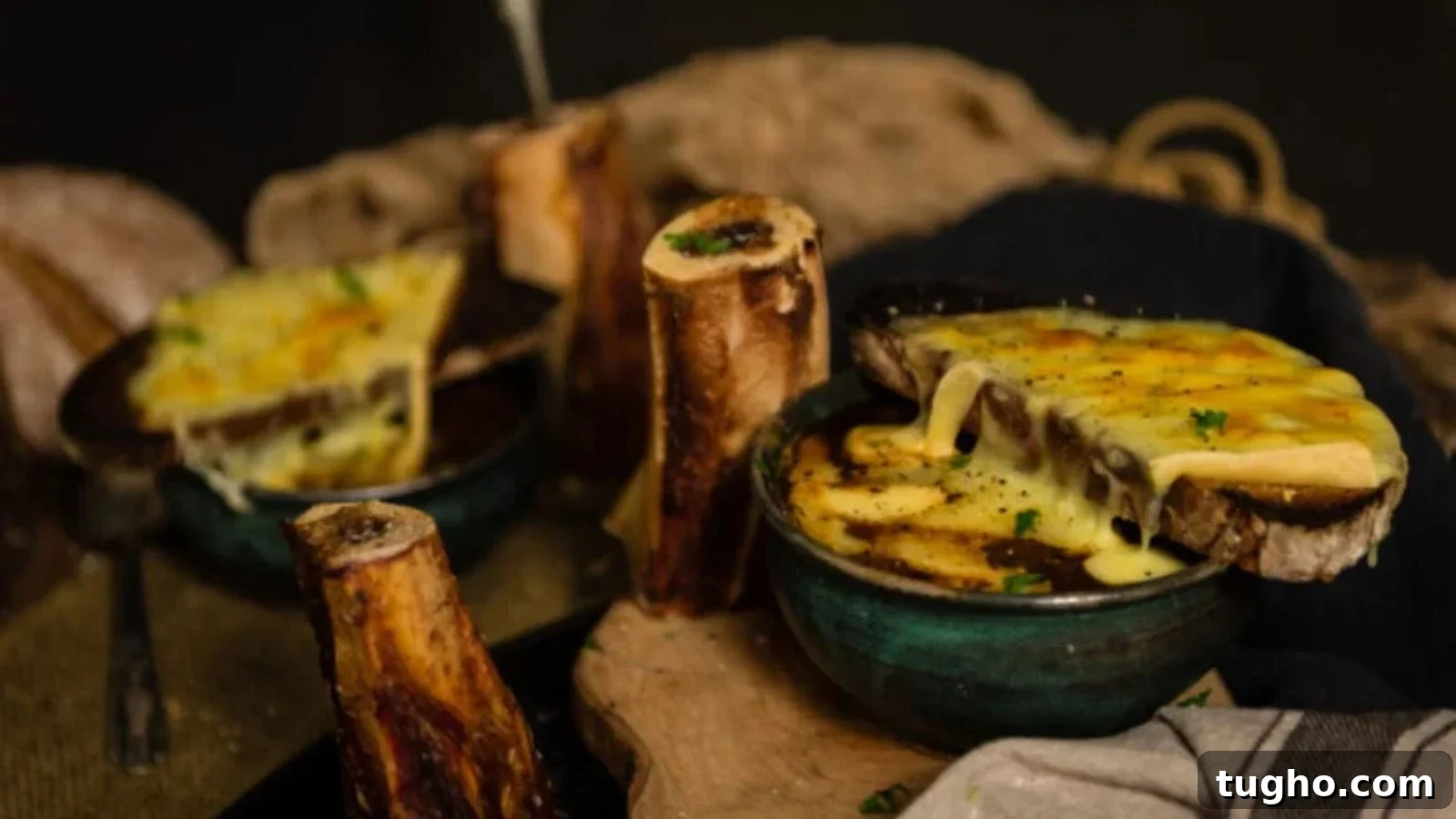 French onion soup topped with roasted bone marrow on thick toast.