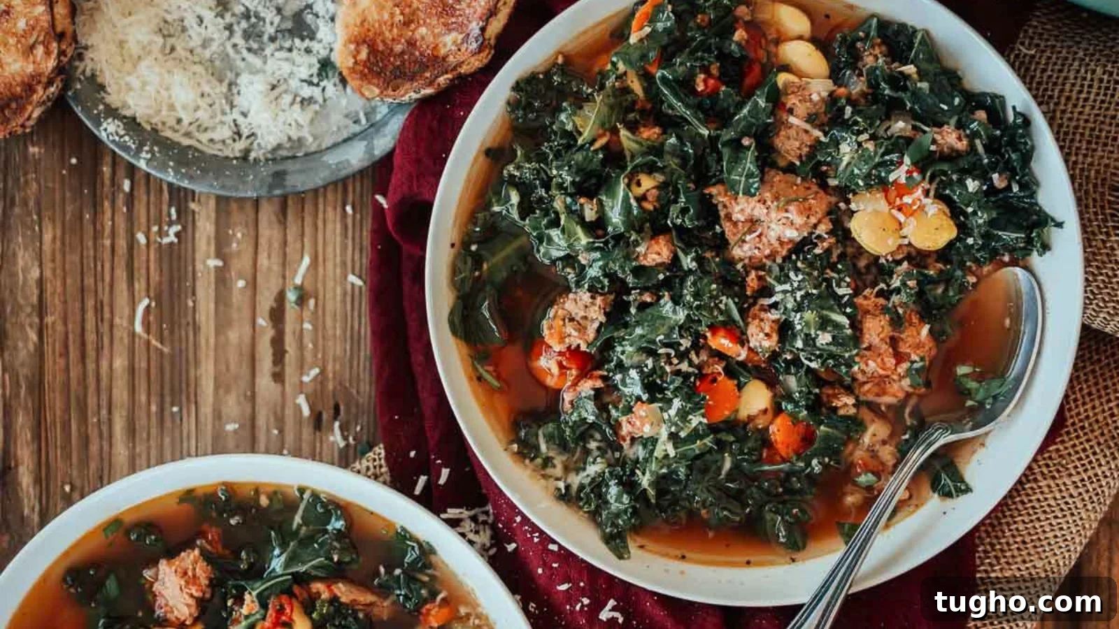 Kale and sausage soup with hearty greens and sliced sausage in a steaming bowl.