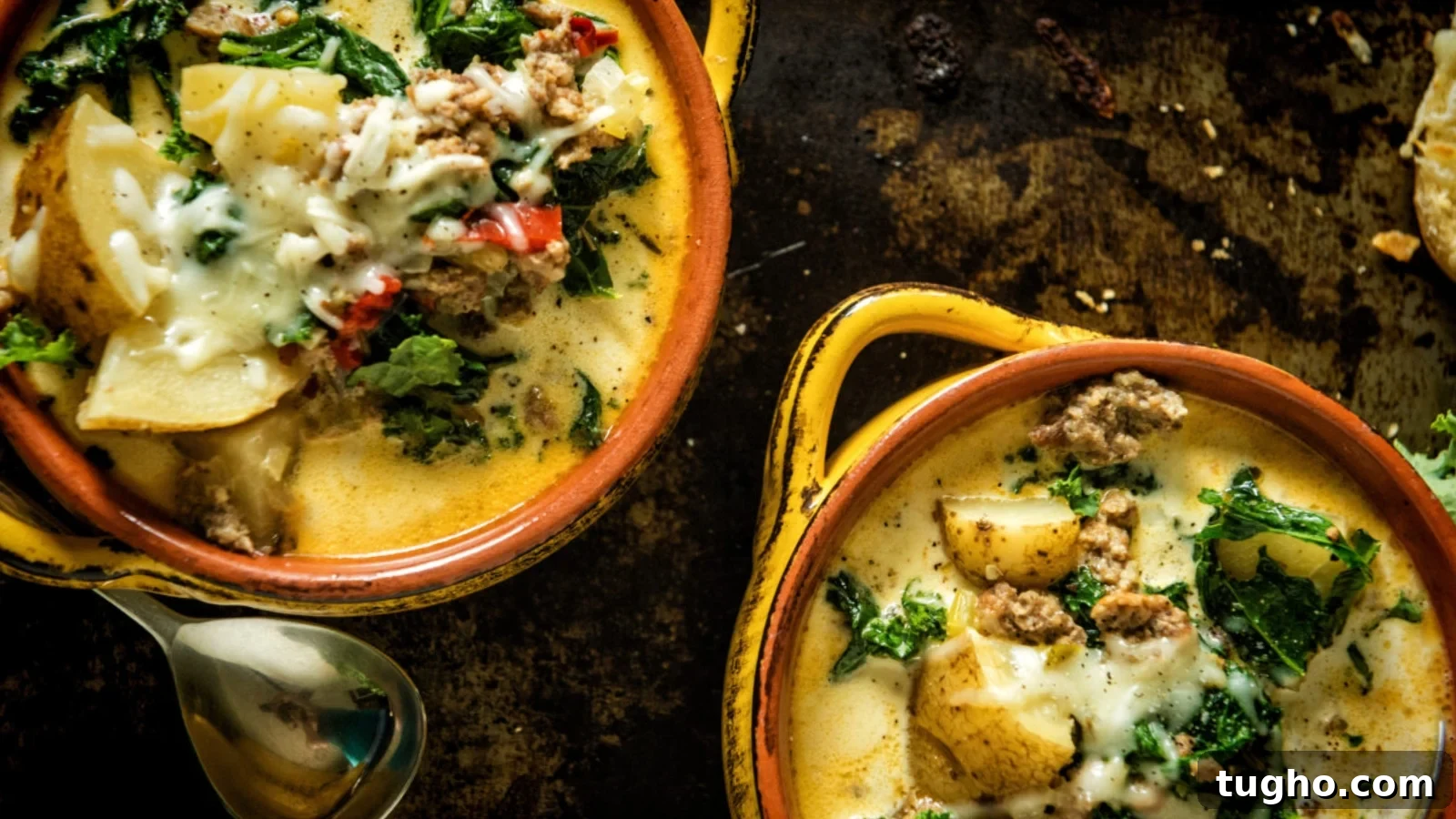 Zuppa Toscana made slow cooker style with kale, sausage, and creamy broth.