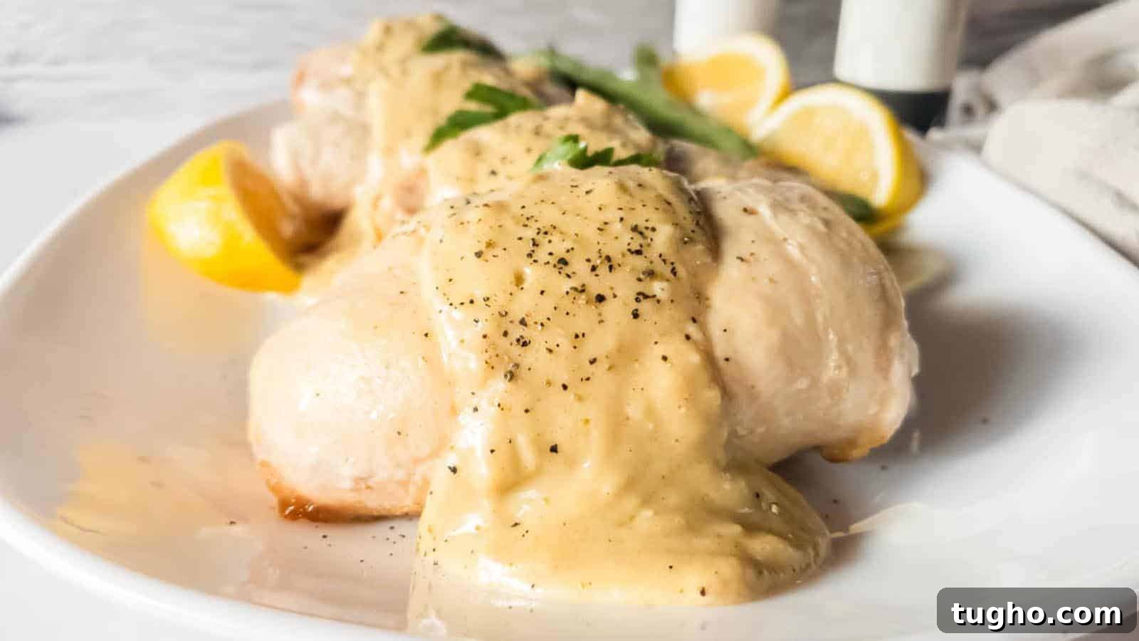 17 No-Fuss Dinners That Make the Whole Family Smile 2 Plate of chicken cordon bleu topped with creamy sauce and black pepper.