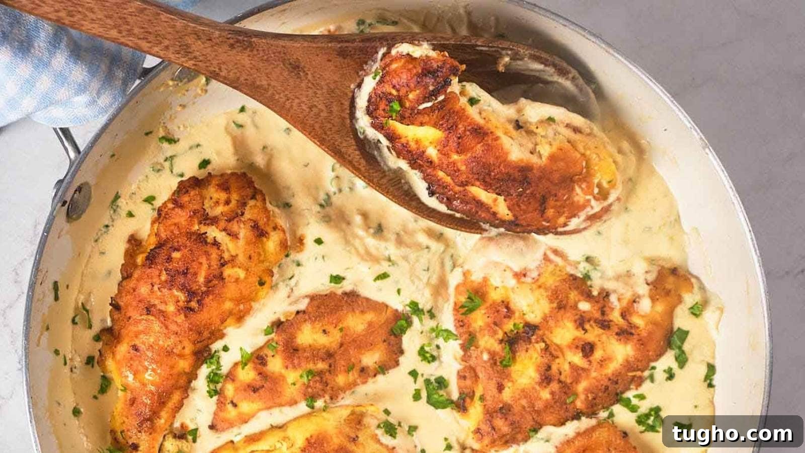 17 No-Fuss Dinners That Make the Whole Family Smile 6 A skillet filled with chicken francese garnished with chopped herbs, being stirred with a wooden spoon.