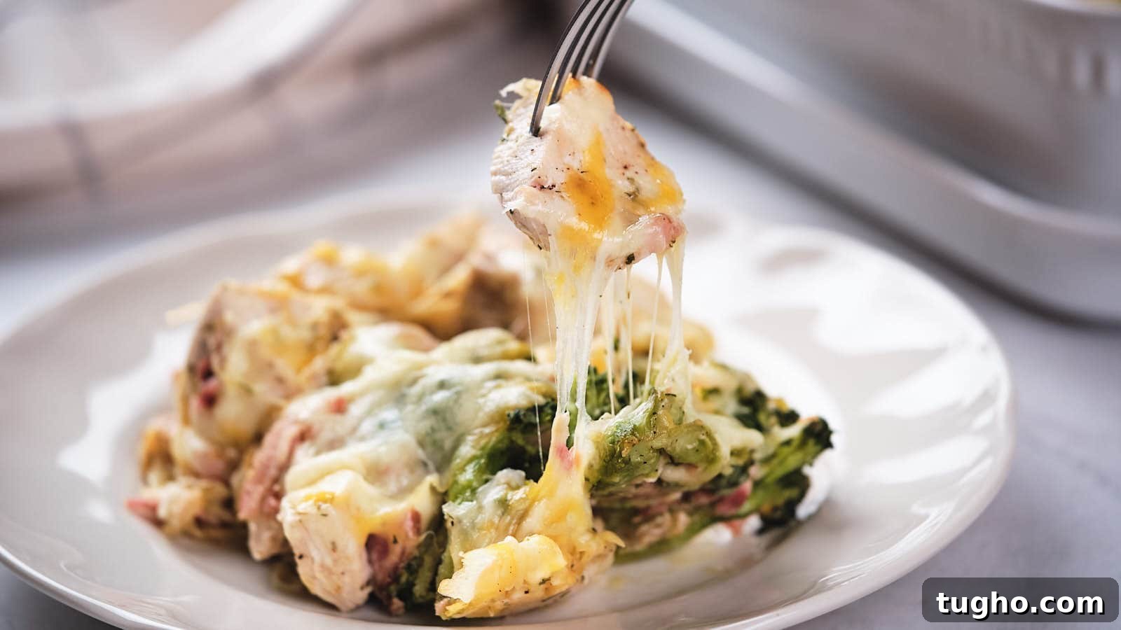 17 No-Fuss Dinners That Make the Whole Family Smile 8 A fork lifting a portion of chicken bacon ranch casserole from a white plate.