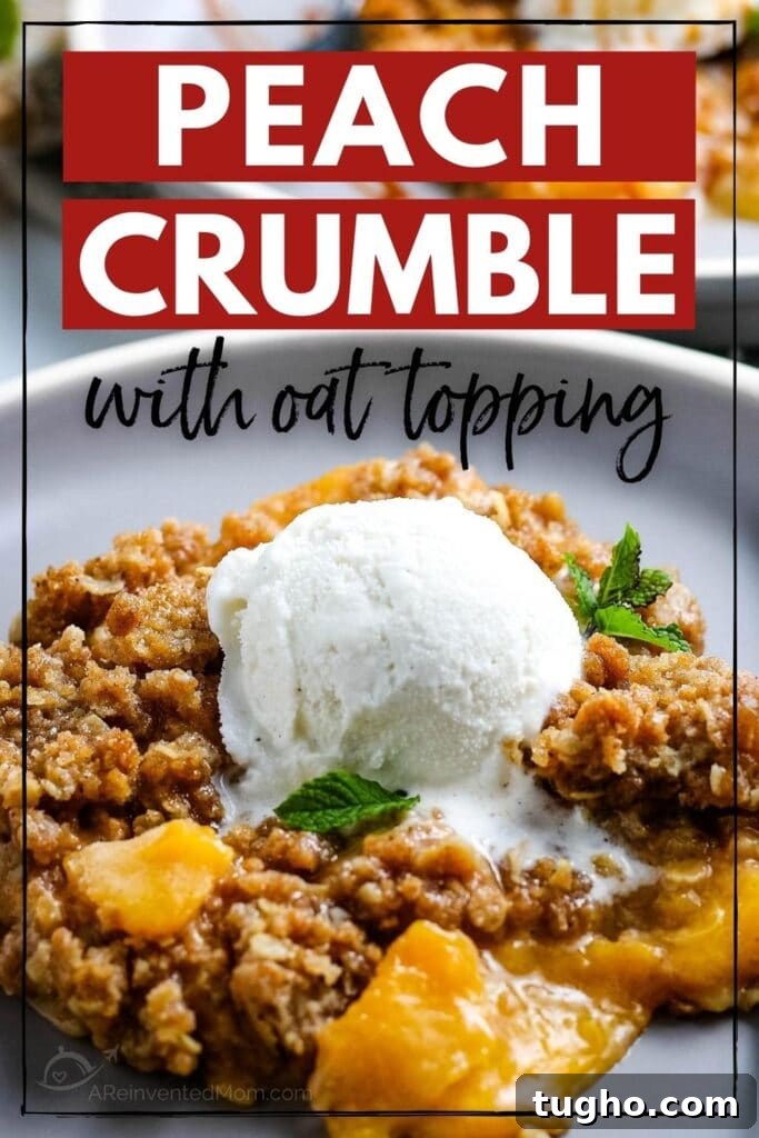 Peach Oat Crumble Recipe 5 Peach crumble with oats with a scoop of vanilla ice cream on top with text overlay