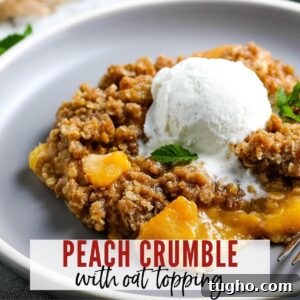 Peach Oat Crumble Recipe 7 close up of peach crumble with oats topped with vanilla ice cream with text overlay