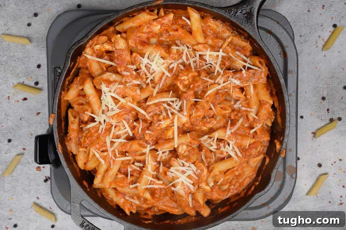 Ready creamy chicken penne alla vodka.