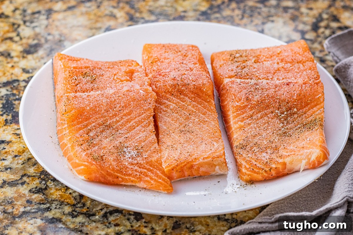 seasoned, uncooked salmon on a plate