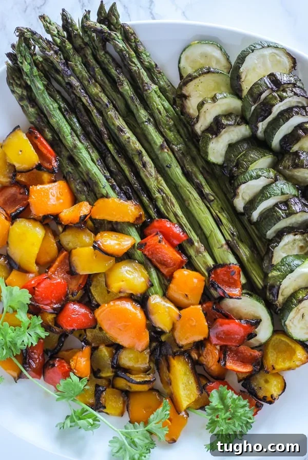 Gluten Free Pasta Salad with Grilled Vegetables 2 plate with grilled asparagus, grilled zucchini, and grilled peppers