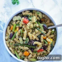 Gluten Free Pasta Salad with Grilled Vegetables 6 overhead view of serving bowl with grilled vegetable salad
