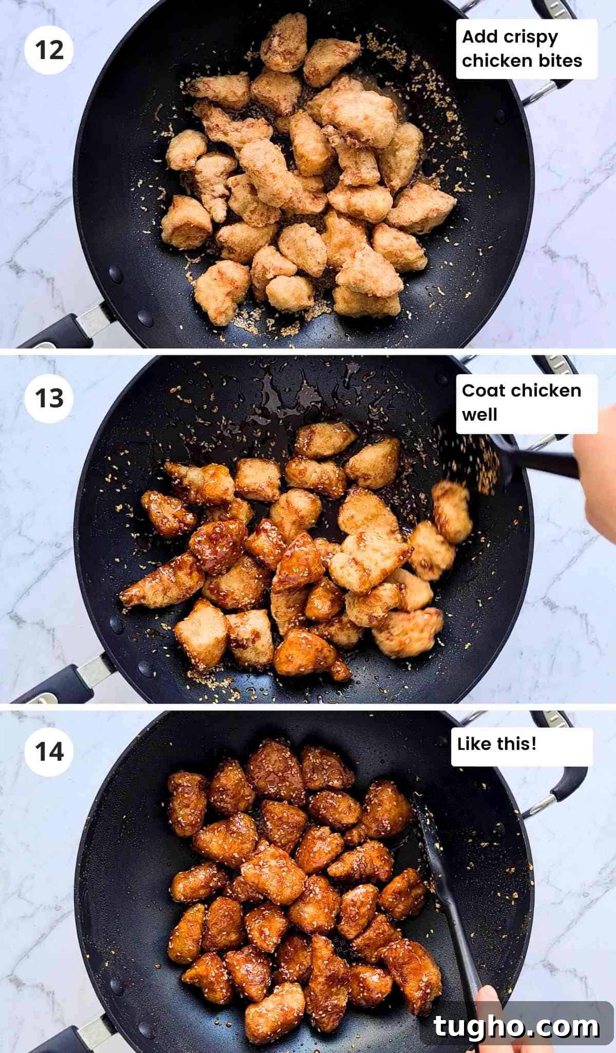 Homemade Crispy Honey Sesame Chicken Recipe 11 3 step collage of coating crispy chicken with captions