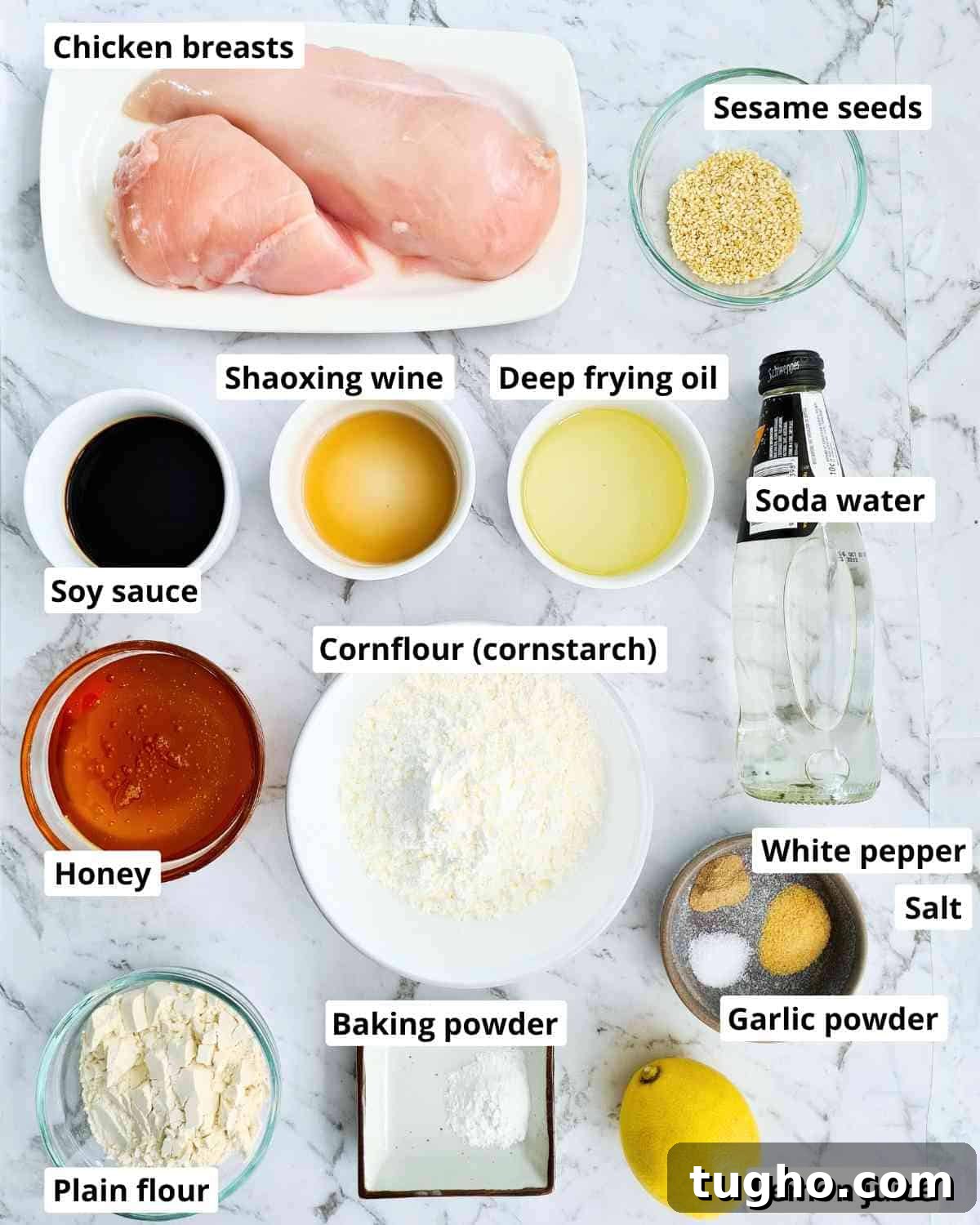 Homemade Crispy Honey Sesame Chicken Recipe 4 Ingredients required to make honey sesame chicken recipe, labeled