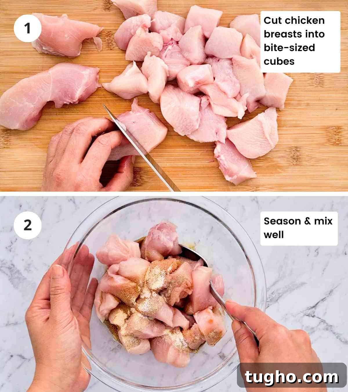 Homemade Crispy Honey Sesame Chicken Recipe 5 2 step collage of seasoning chicken with captions