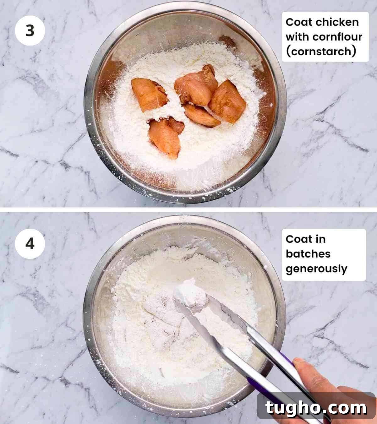 Homemade Crispy Honey Sesame Chicken Recipe 6 2 step collage of coating chicken in cornflour with captions