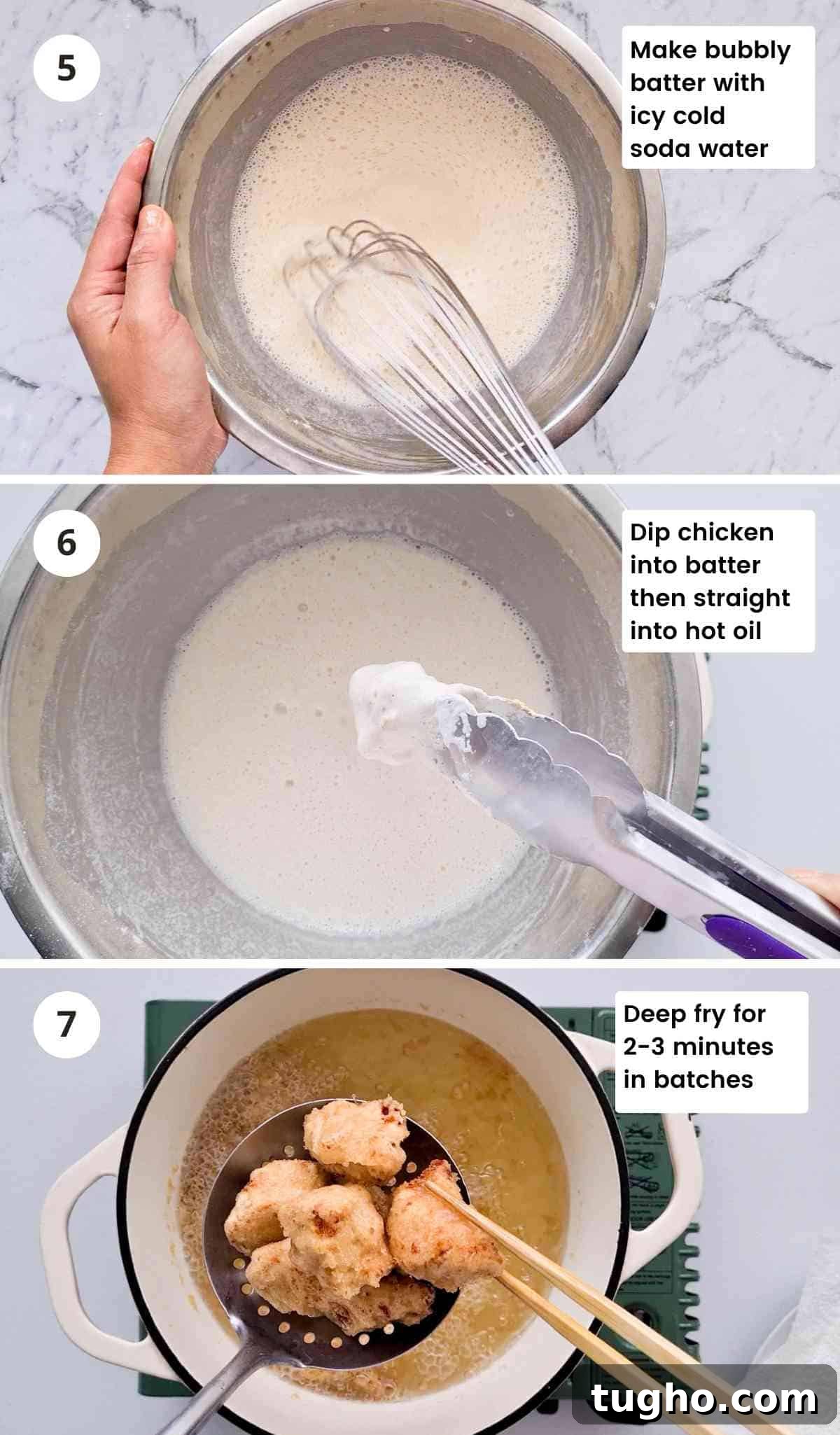 Homemade Crispy Honey Sesame Chicken Recipe 7 3 step collage of deep frying chicken with captions