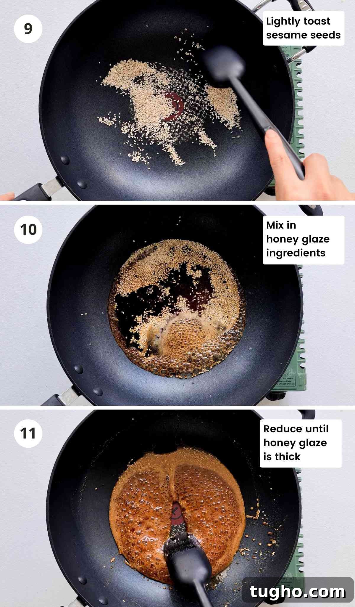 Homemade Crispy Honey Sesame Chicken Recipe 10 3 step collage of making honey sesame glaze with captions