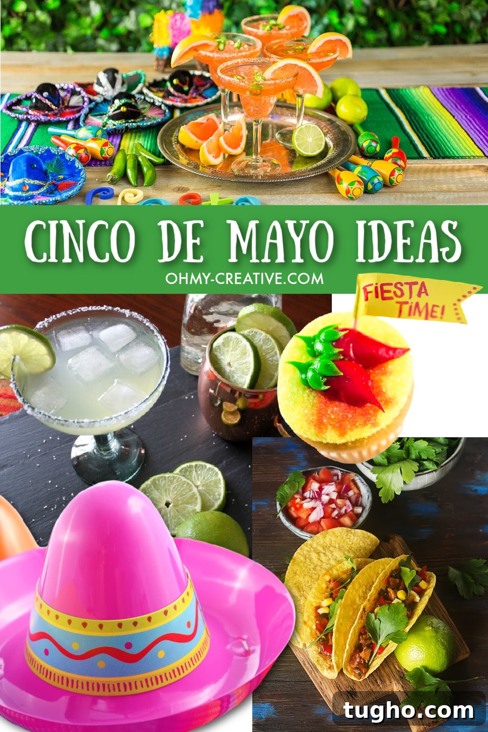 Cinco de Mayo Party Ideas: Recipes, Decor and Cocktails 2 A collage of Cinco de Mayo Ideas including Mexican decorations, sombreros, margaritas, tacos and a cupcake