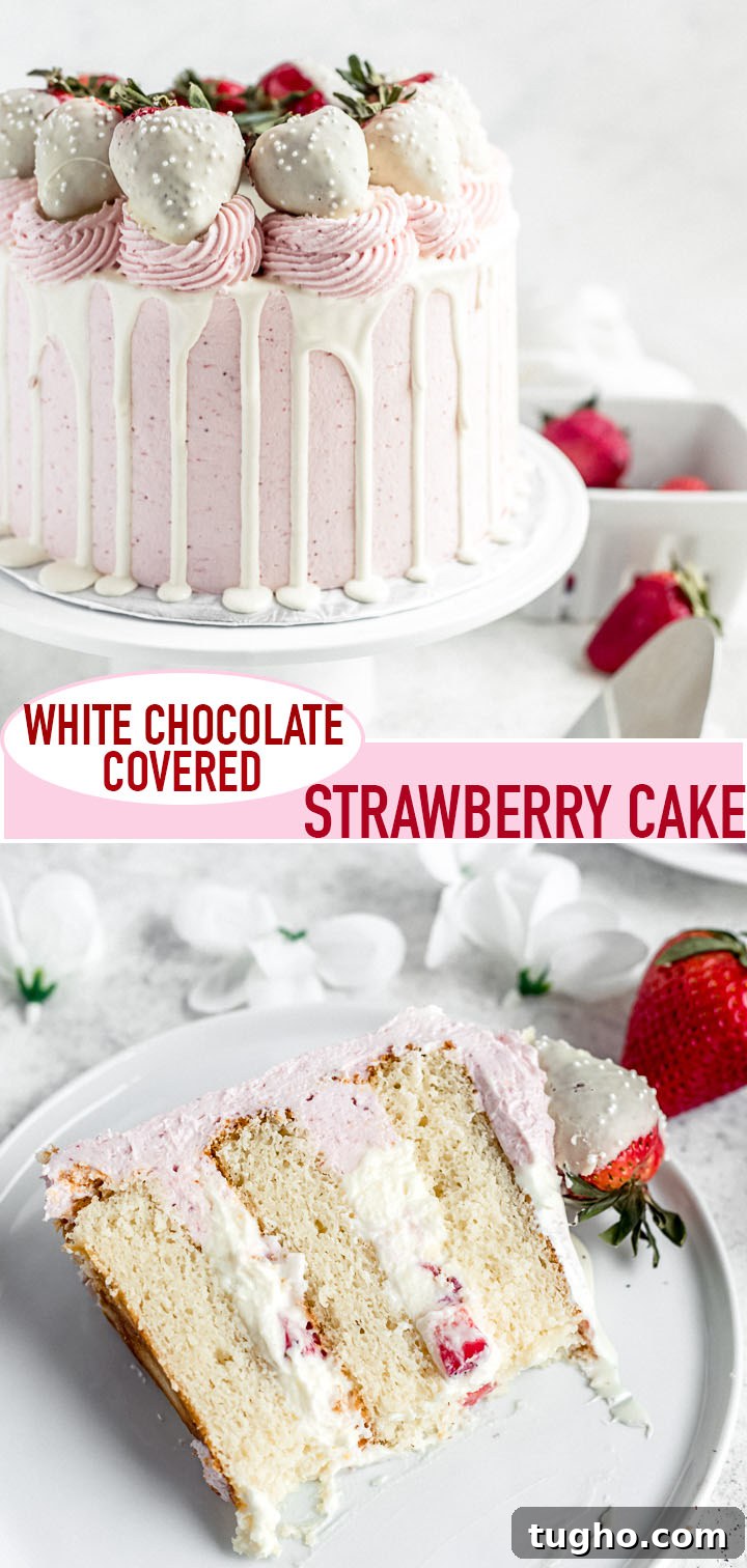 White Chocolate-Covered Strawberry Cake Recipe 11 long pin image for white chocolate strawberry cake