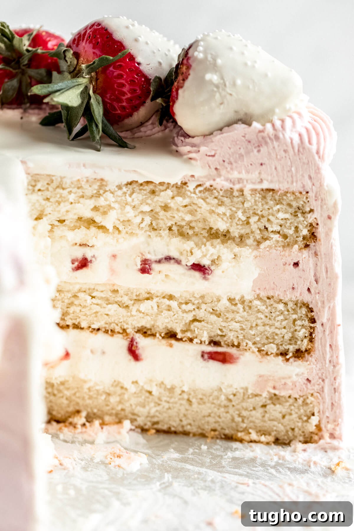 White Chocolate-Covered Strawberry Cake Recipe 4 cut open cake on a cake stand with white chocolate mousse and strawberries inside