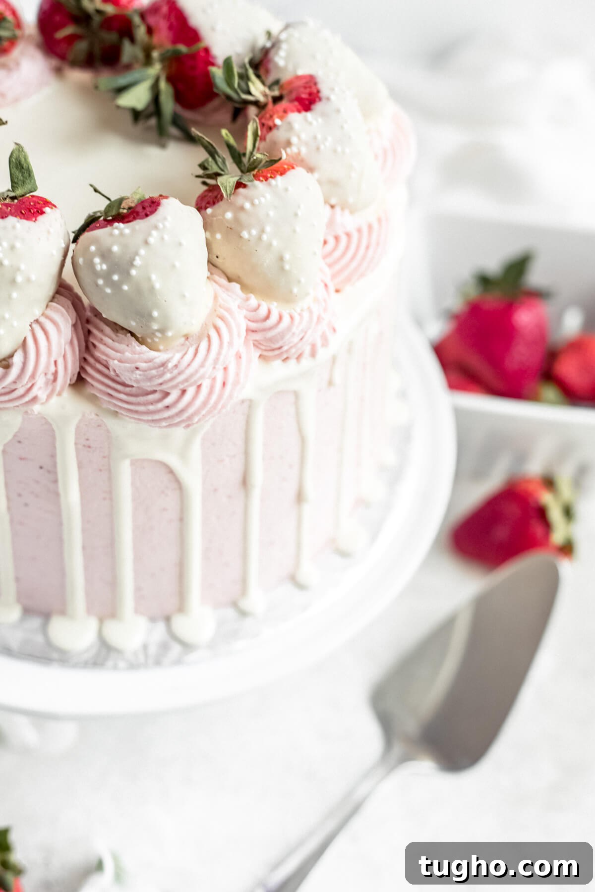 White Chocolate-Covered Strawberry Cake Recipe 10 close up of white chocolate covered strawberries on top of a cake