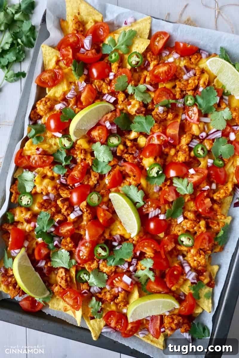 Lean Sheet Pan Turkey Nachos 2 overhead shot of easy sheet pan nachos made with ground turkey and baked tortillas