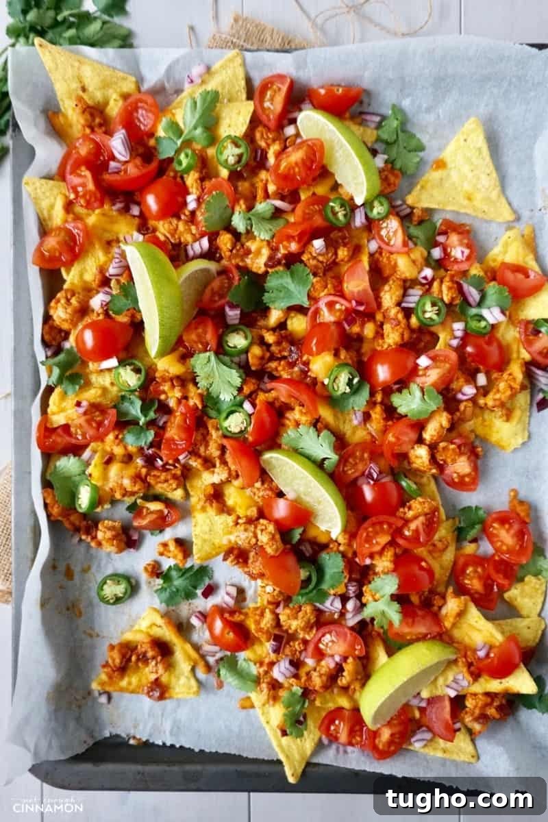 Lean Sheet Pan Turkey Nachos 5 overhead shot of easy sheet pan nachos made with turkey and baked tortillas