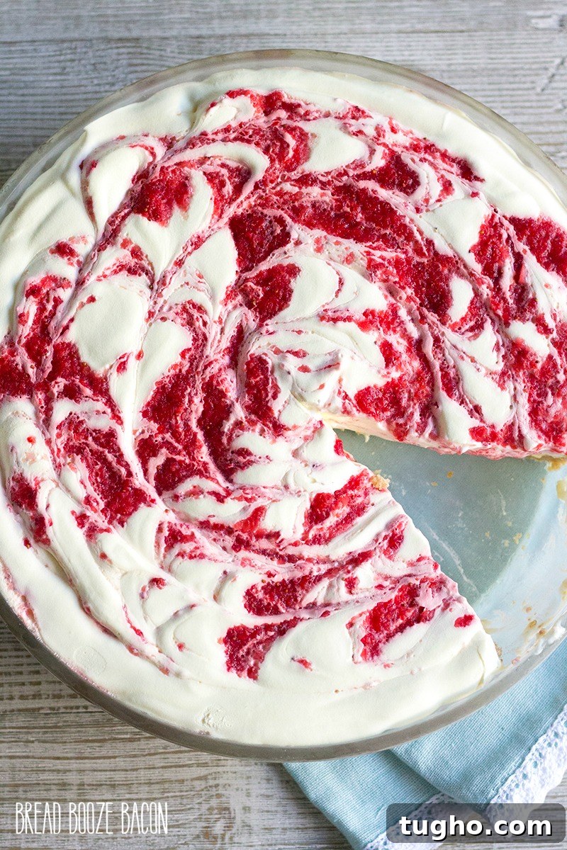 Overhead view of No Bake Strawberry Lemonade Pie in a pie plate