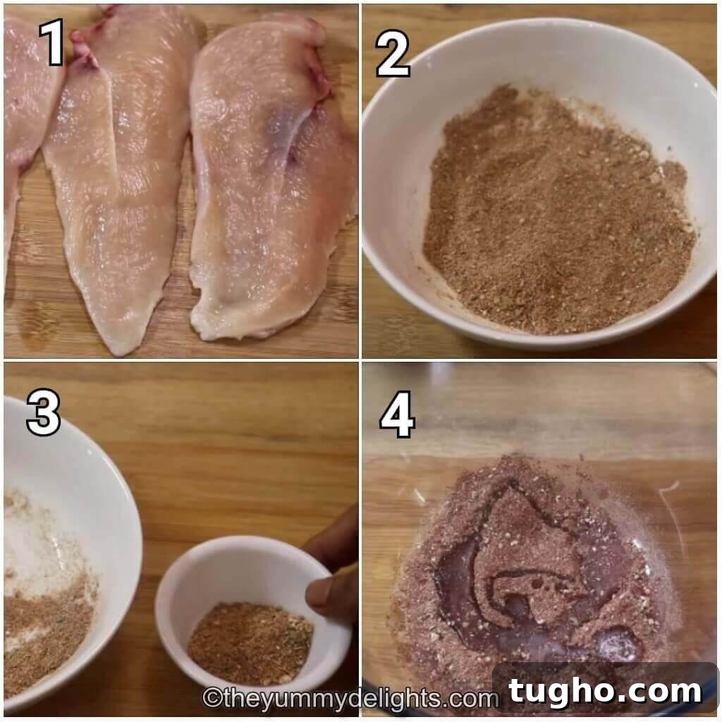 One-Pan Chicken Fajita Rice Skillet Recipe 3 Collage image of 4 steps showing preparing the fajita seasoning to make one-pan fajita chicken rice recipe.