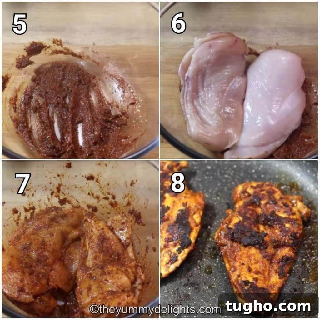One-Pan Chicken Fajita Rice Skillet Recipe 4 Collage image of 4 steps showing how to make chicken fajita rice skillet. It shows marinating the chicken breasts and pan-frying them.